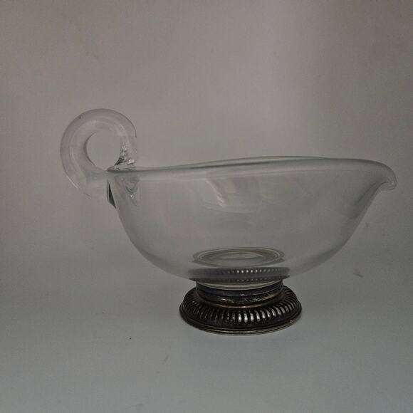 Vintage Glass Gravy Boat w/ Sterling Silver Weighted Base Handle Spout Sauce - Picture 3 of 6